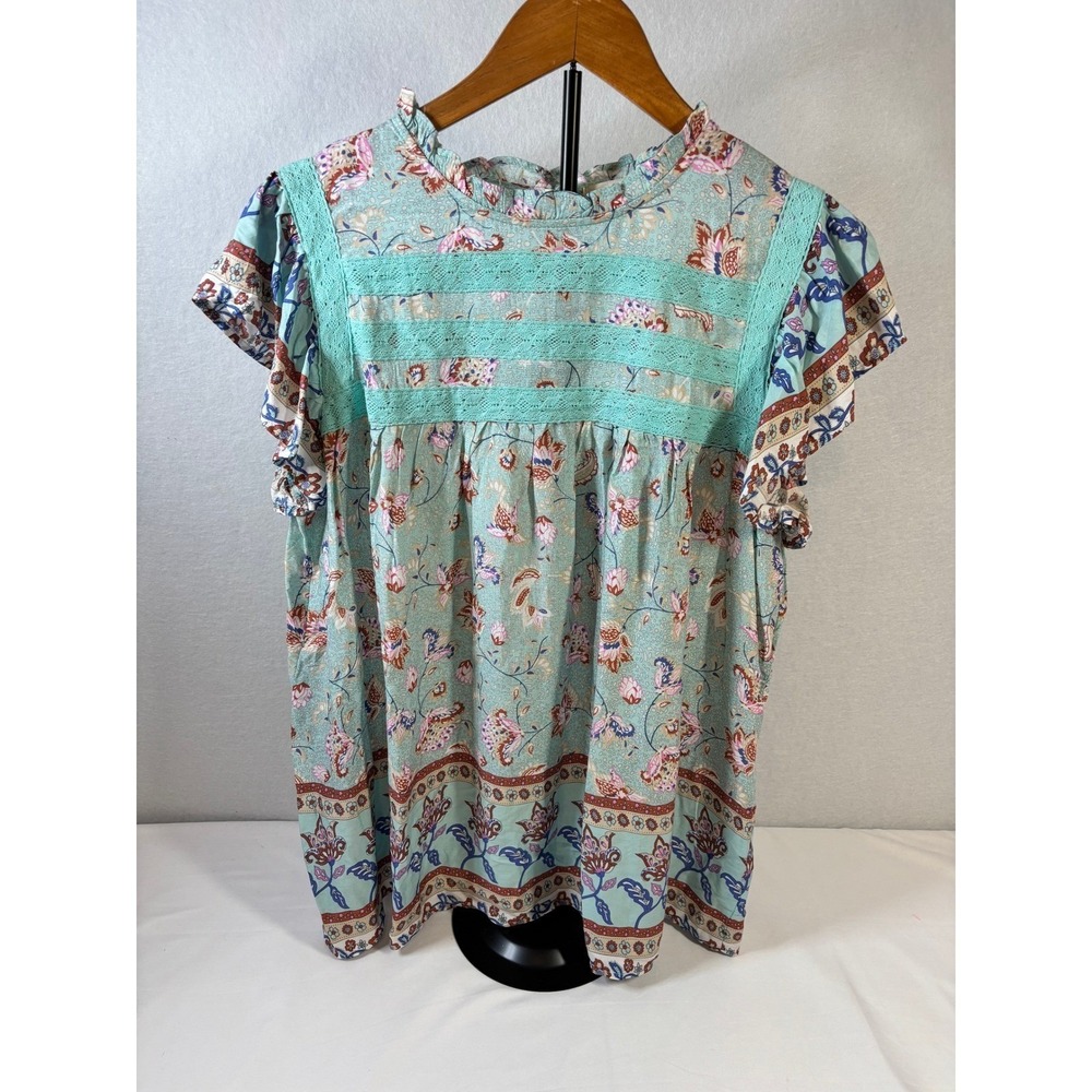 Almost Pink Womens Floral Lace Trim Flutter Sleeve Blouse Turquoise Medium